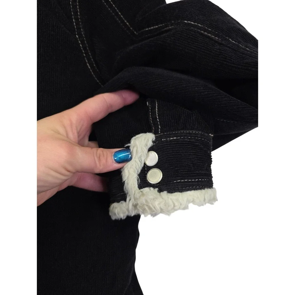 Y2K French Cuff Corduroy Jacket‎ Womens L Black Sherpa Lined Grunge Cozy Fall